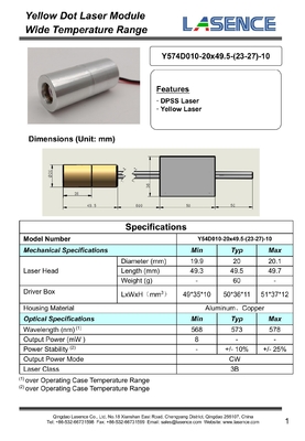 Trabalhos de Construção 574nm Laser Amarelo 8mW 10mW DPSS Laser Alta Estabilidade Peças sobressalentes Tipo Componente Laser