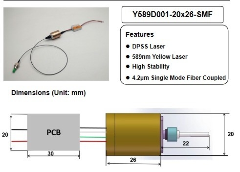 0.2 KG APC Tipo de potência Laser DPSS amarelo para acoplamento de fibra de modo único Alta estabilidade