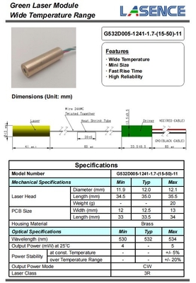 532nm 5mW 3R módulo de laser verde com longa duração peso 0,02 kg vida útil 5000 horas